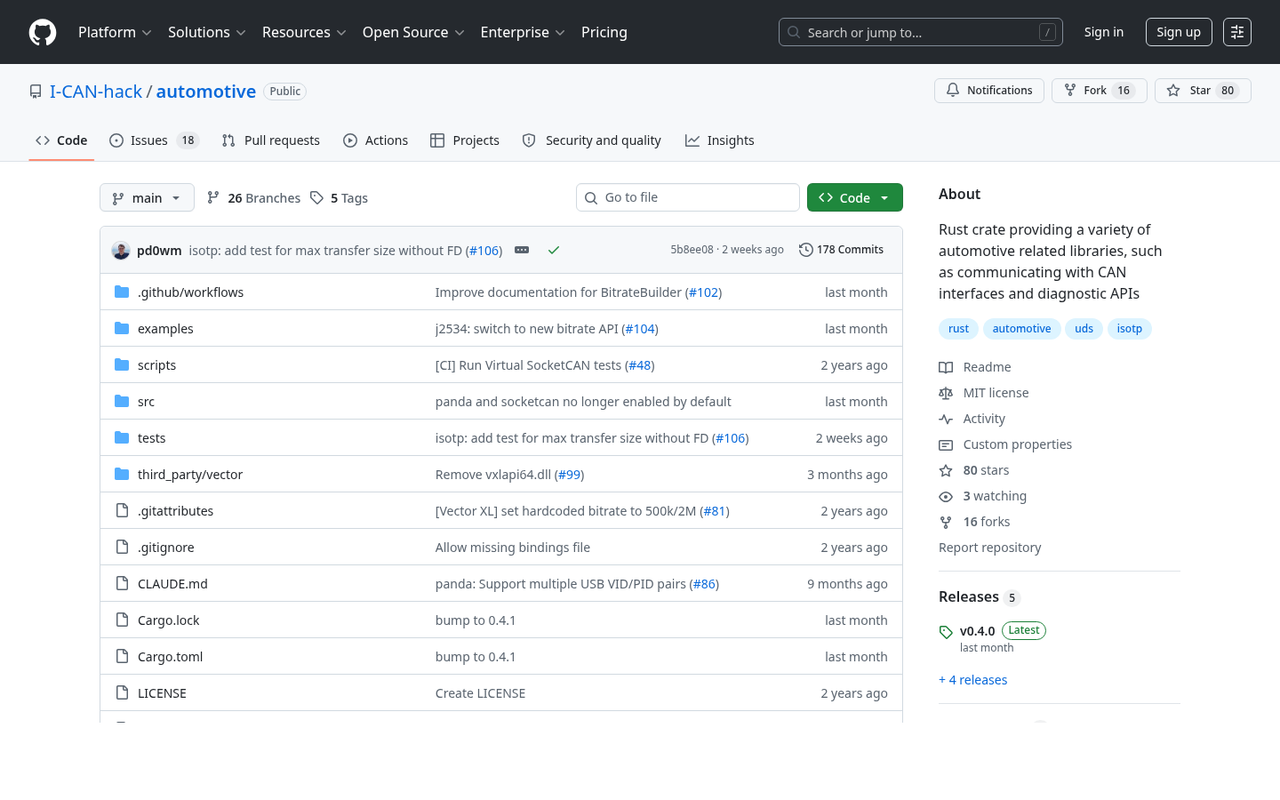 Screenshot of the automotive Rust crate repository page on GitHub.