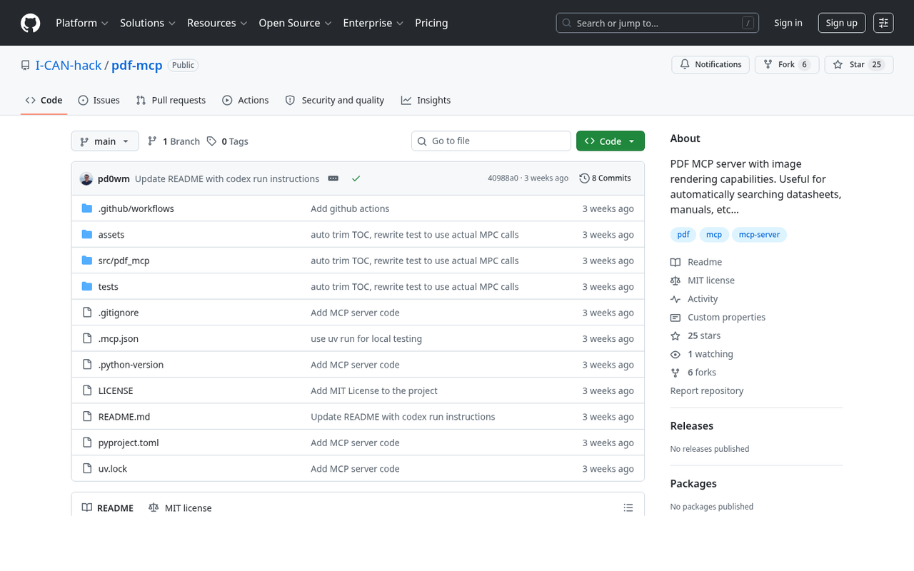 Screenshot of the pdf-mcp repository page on GitHub.