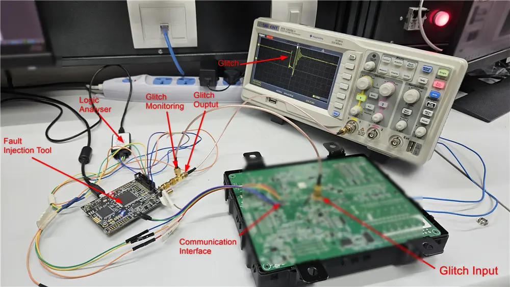 Voltage-glitching hardware setup: the RH850/F1L BCM ECU, a ChipWhisperer Lite, and an oscilloscope, with the glitch output connected to the ISOVCL pin. Figure from Sunny, Zari, 2024 (RH850 Voltage Glitching, FEV Secure Lab).