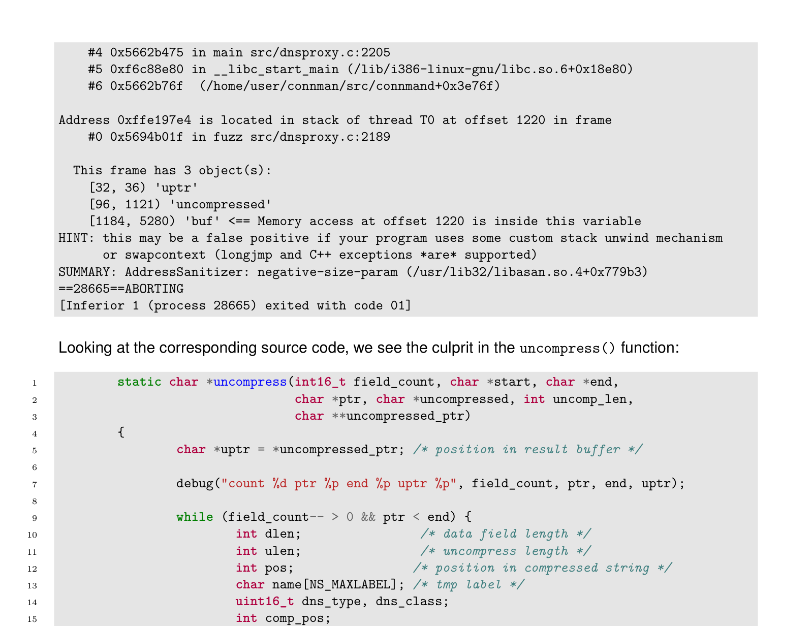 The uncompress() function in ConnMan 1.37 showing the strncpy / pointer-advance pattern that causes the stack overflow when processing crafted DNS reply records. Figure from Weinmann and Schmotzle, 2020 (TBONE).