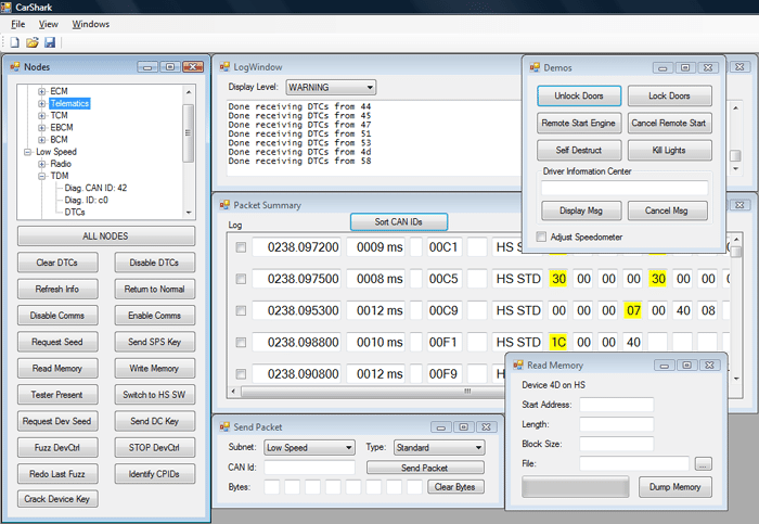 The CARSHARK tool developed by Koscher et al. for sniffing and injecting CAN packets. The left panel lists ECU nodes on both CAN subnets; recently updated values are highlighted. Figure from Koscher et al., 2010 (Experimental Security Analysis of a Modern Automobile).
