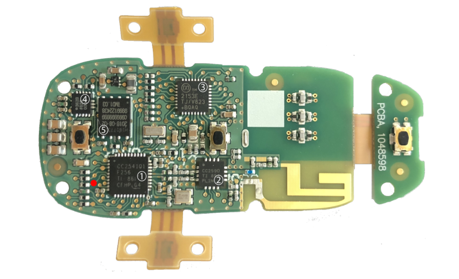 Model X key fob PCB (top side) with the CC2541 BLE SoC, Infineon Secure Element, and MEMS accelerometer. Figure from Wouters et al., 2021 (My Other Car Is Your Car).