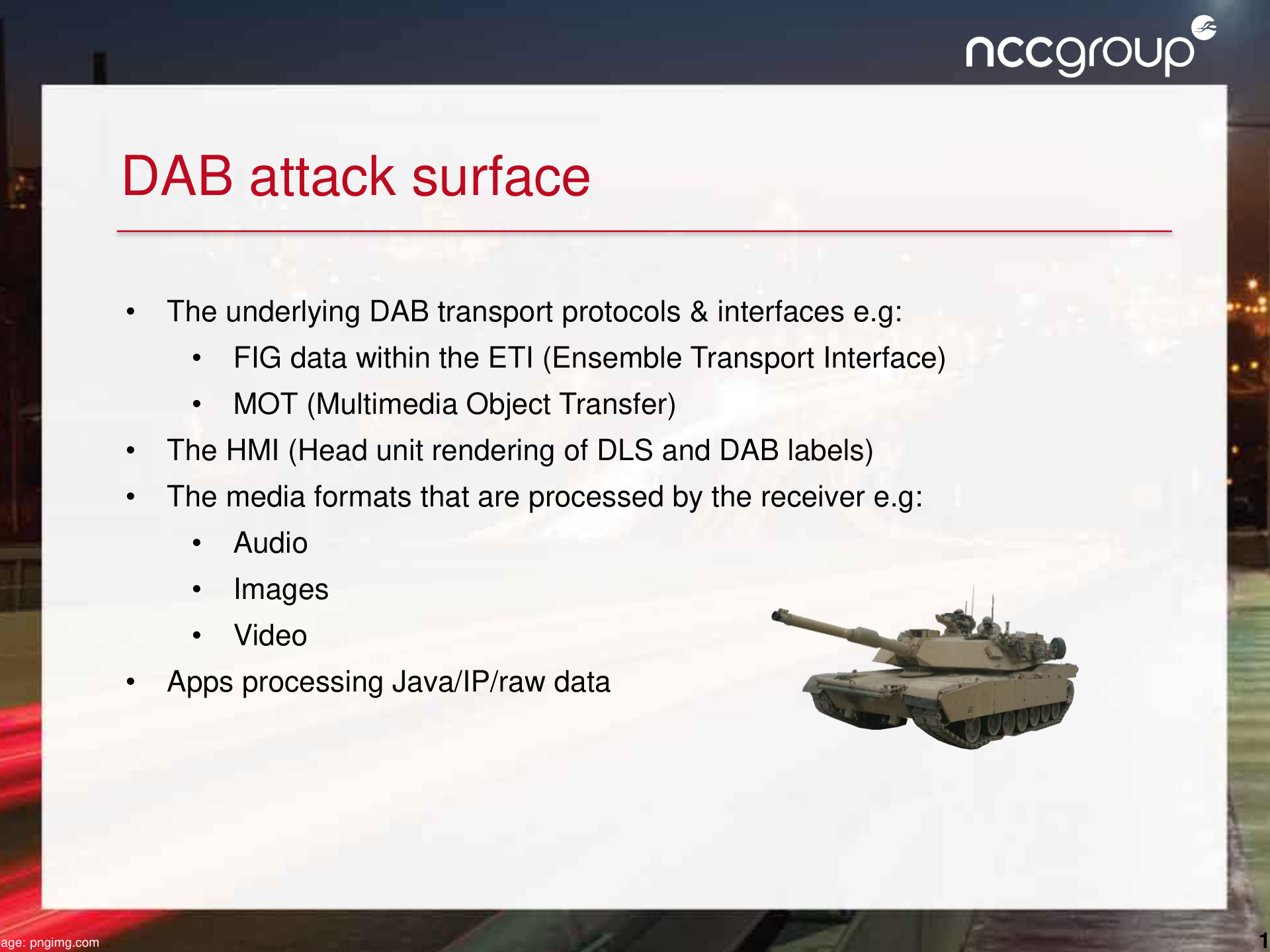 DAB attack surface diagram listing the protocol layers and media types that form the receiver's parsing exposure: FIG data within the ETI stream, MOT, DLS labels, and media formats including images and video. Figure from Andy Davis (NCC Group), 2015 (Broadcasting Your Attack).