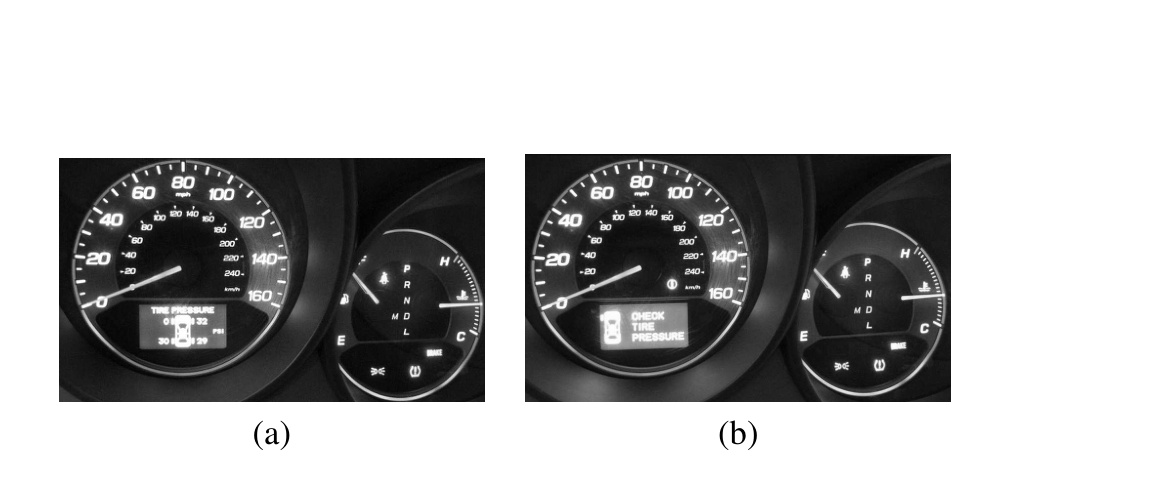 Dashboard snapshots during the spoofing demonstration: left front tire shown at 0 PSI with the low-pressure warning illuminated (a), and the general warning light triggered approximately two seconds later (b). Figure from Rouf et al., 2010 (Security and Privacy Vulnerabilities of In-Car Wireless Networks).