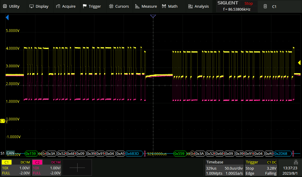 Two CAN frames on an oscilloscope. CAN High and CAN Low are shown in yellow and purple respectively.