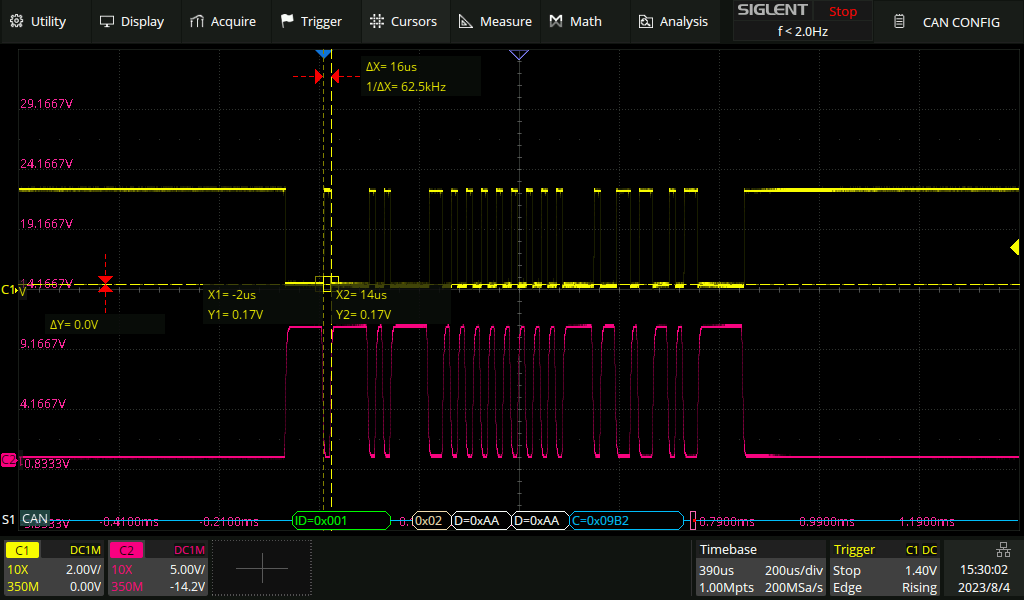 SW-CAN frame on an oscilloscope. The transceiver TX input is shown in yellow and the SW-CAN bus in purple.
