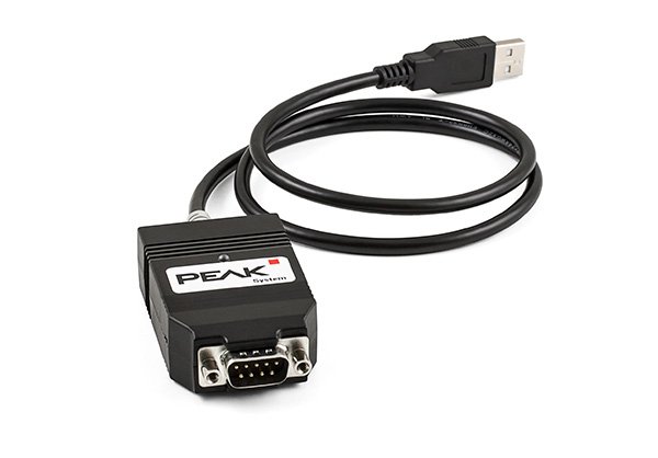 The PEAK-System PCAN-USB FD adapter, with a DB-9 connector and USB cable.