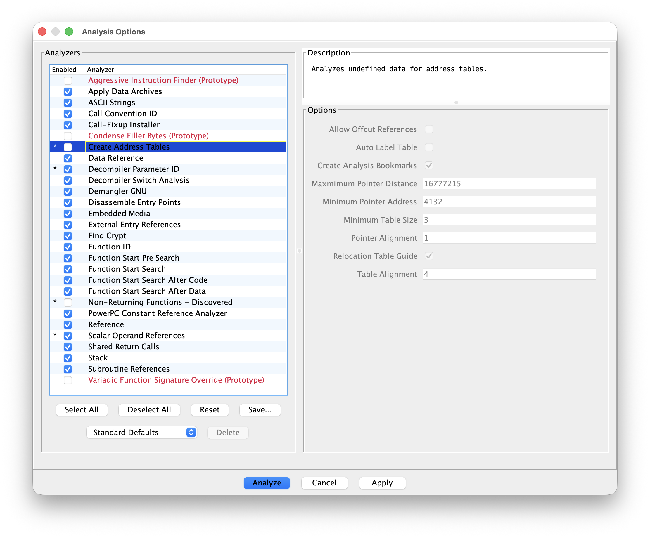 Analysis Options dialog with Address Tables and Non-Returning Functions unticked.