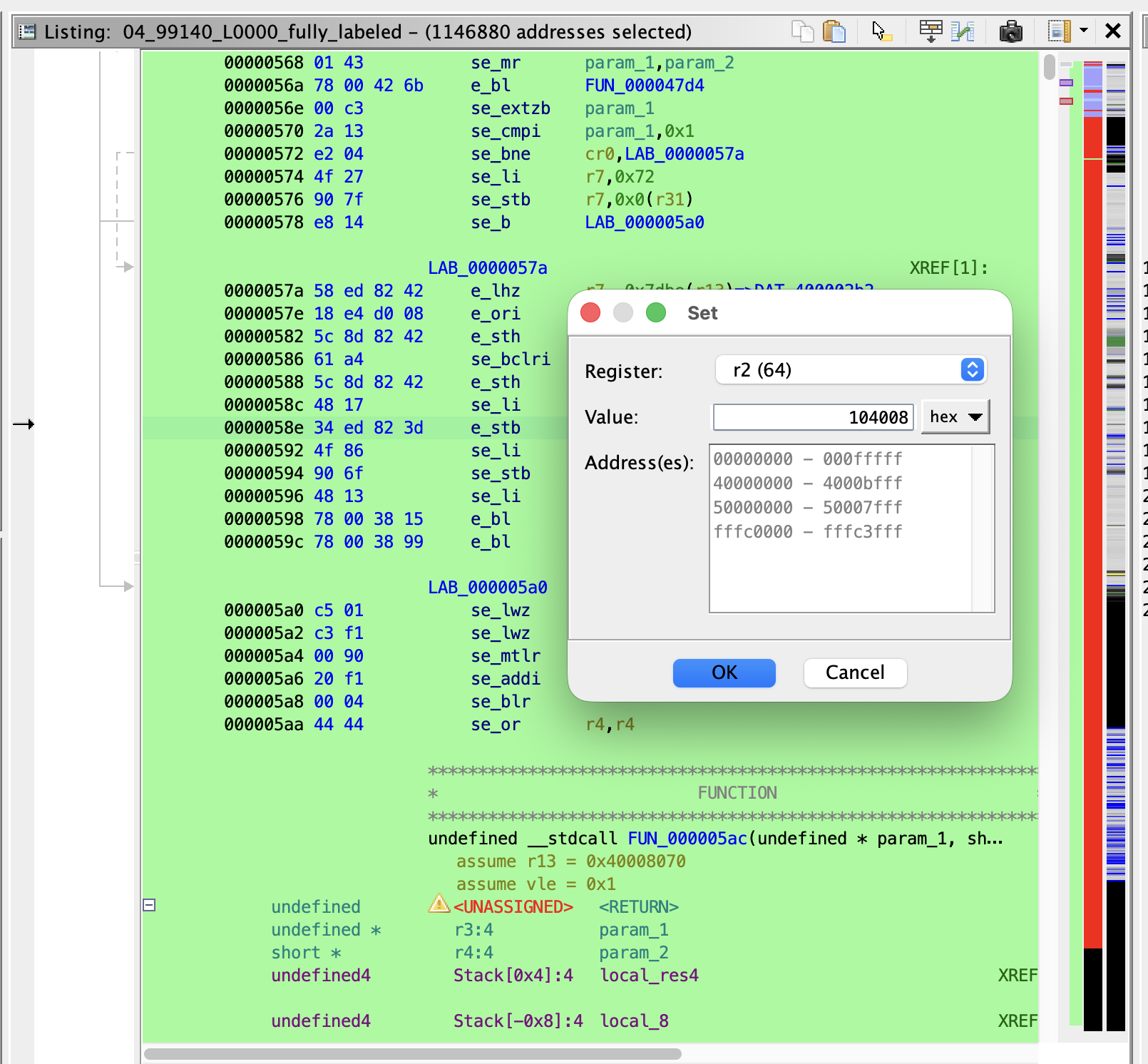 Edit Register Values dialog with r2 and r13 set to their SDA base addresses on a PPC VLE entry function.