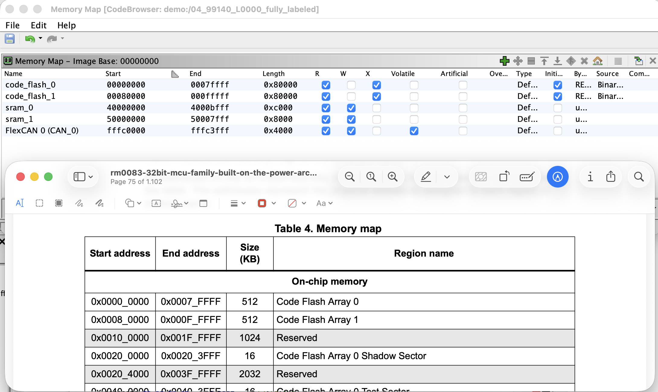 Memory Map editor populated with Flash sections, SRAM blocks, and a peripheral block marked Volatile.