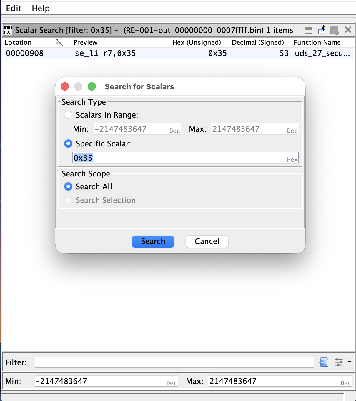 Search For Scalars dialog with 0x35 entered, and the results window showing several hits in the application region.