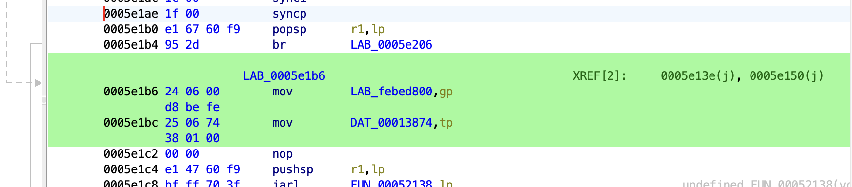 Typical RH850 startup code setting gp and tp.