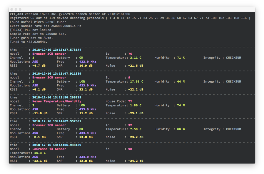 rtl_433 decoding several ISM-band sensors. Image: merbanan/rtl_433.