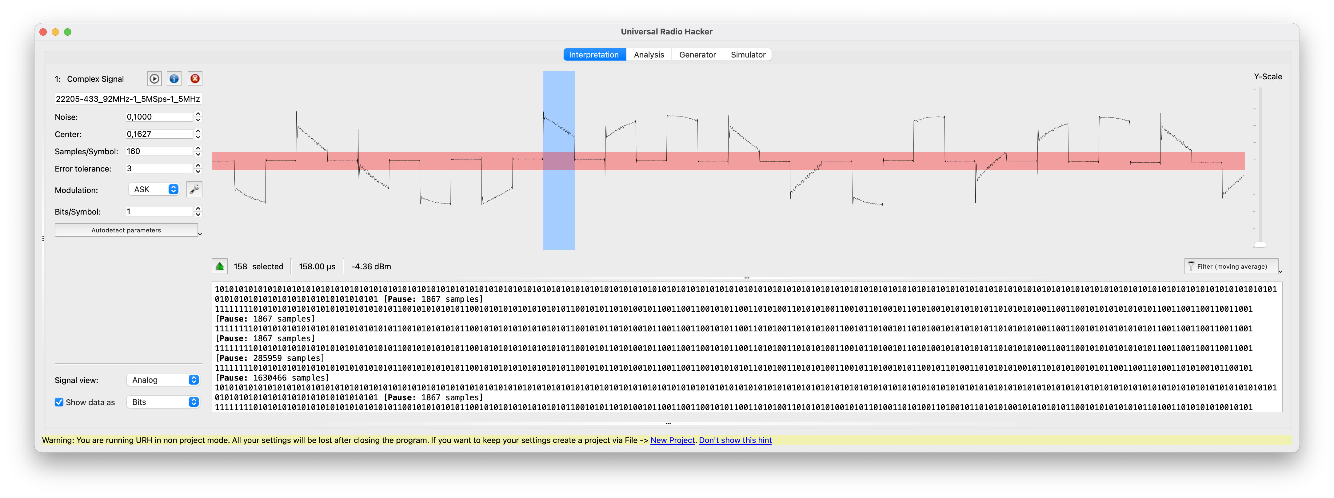 URH modulation panel with ASK selected and the auto-detected bit length highlighted.