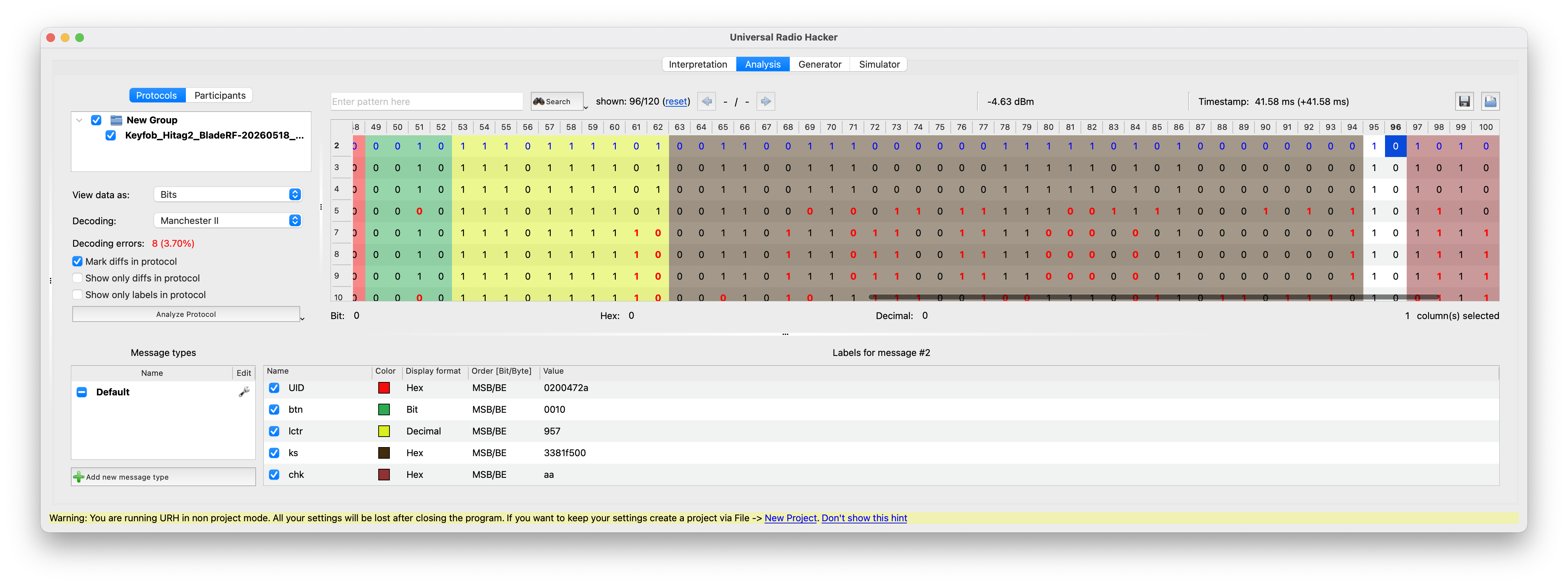 URH labels assigned to the UID, button, counter, and MAC regions of the decoded frame.