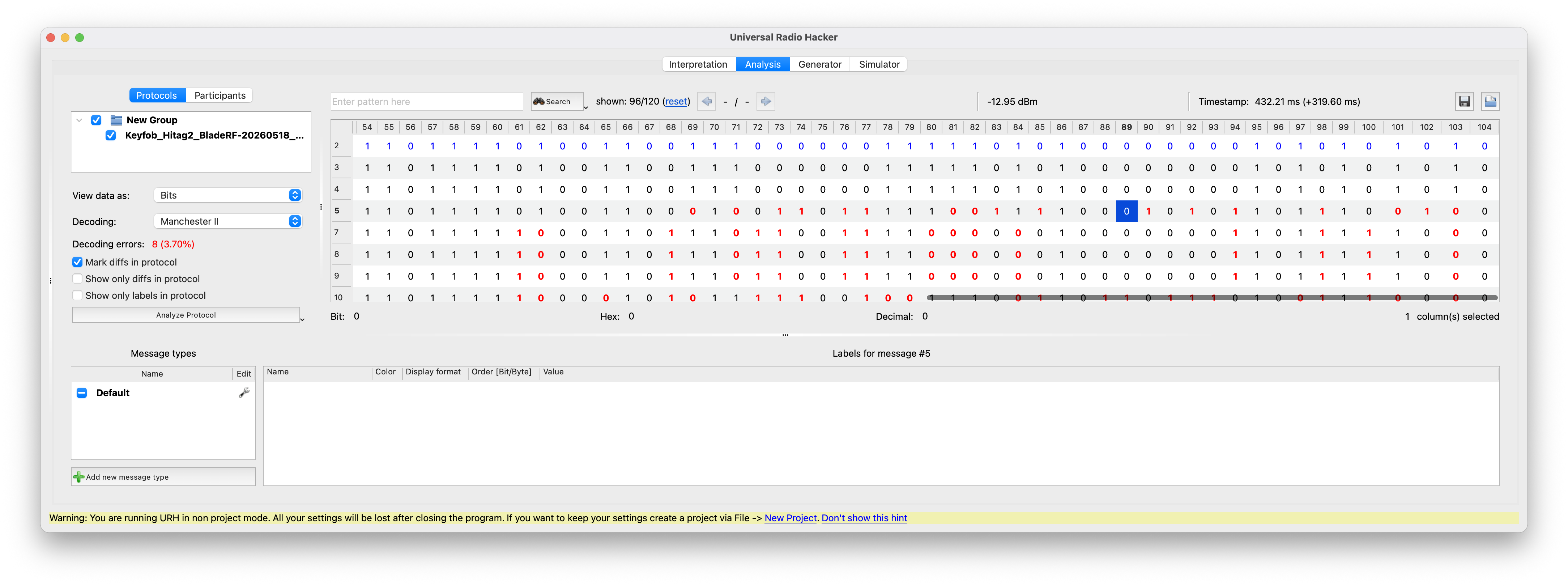 URH analysis tab showing several aligned frames after Manchester decoding.