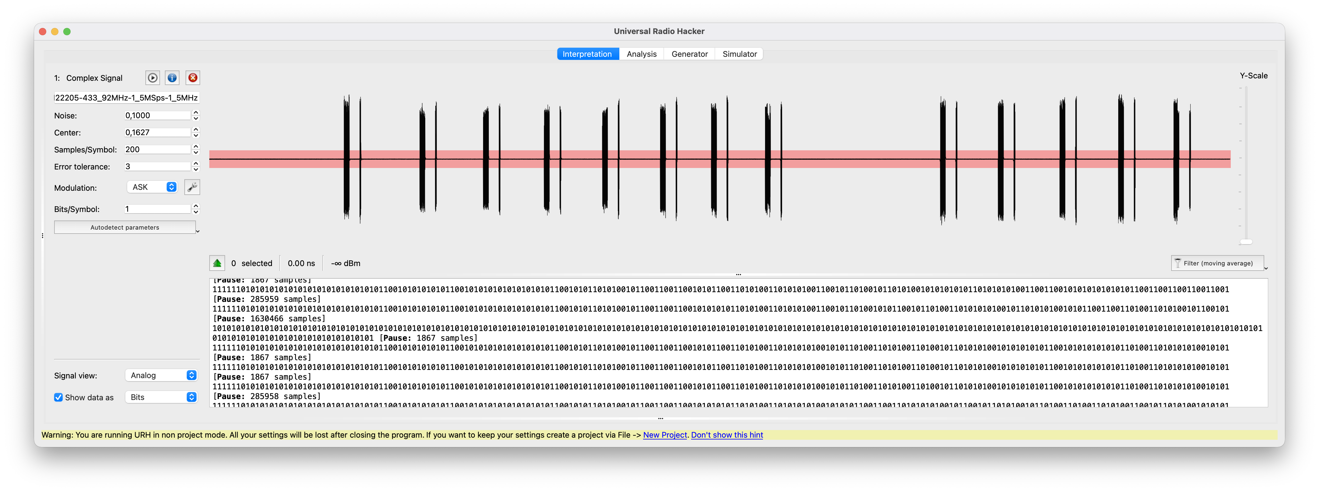 URH interpretation view with a recorded Hitag2 burst, amplitude axis.