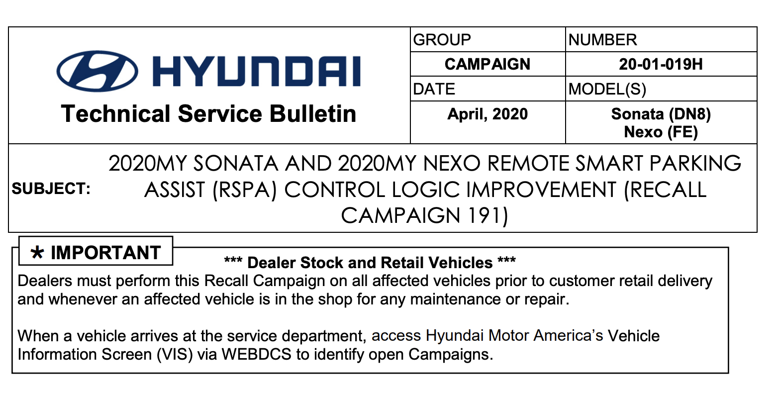 Hyundai Technical Service Bulletin / recall campaign 20-01-019H, describing an ECU software update rather than a parts replacement.